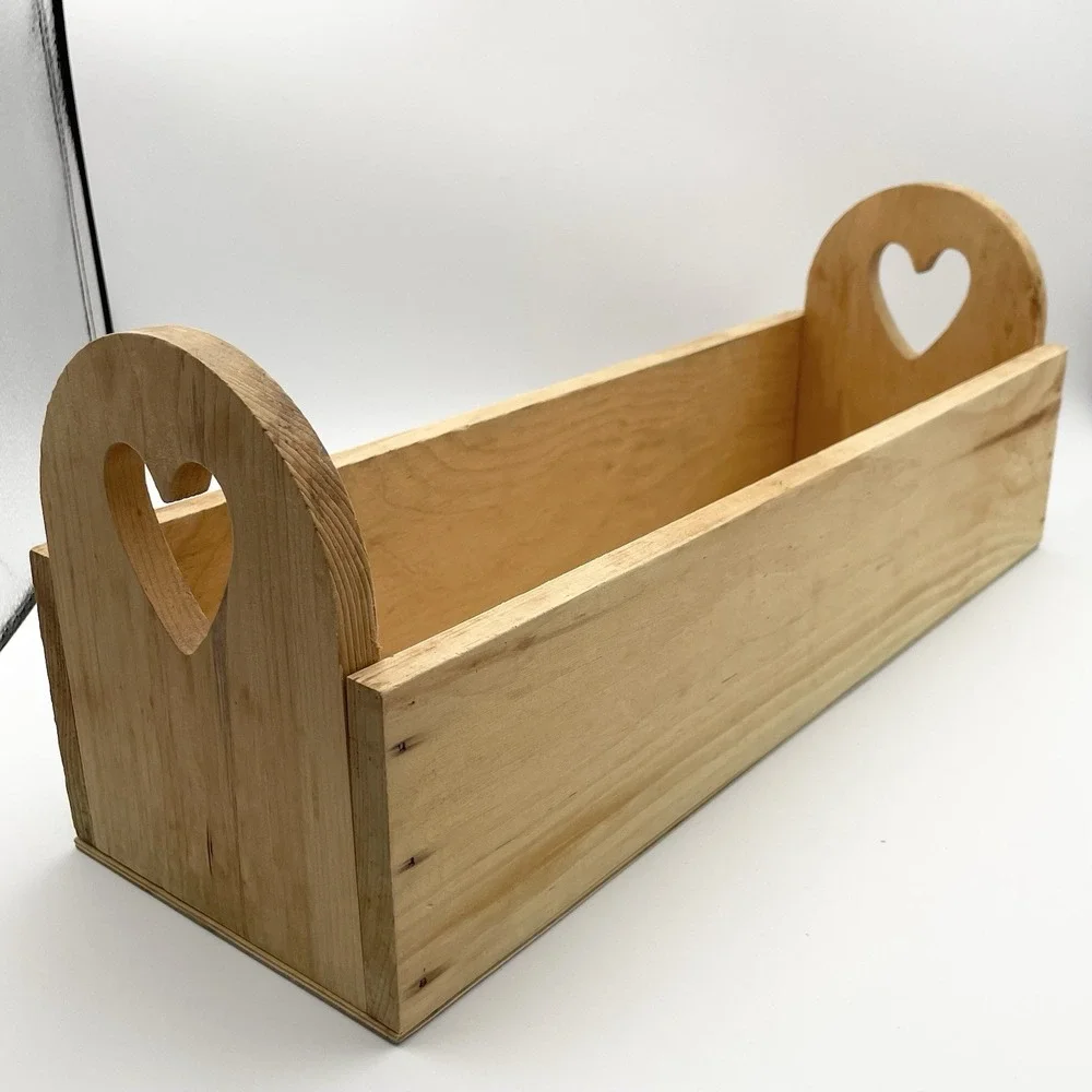 Primitive Wooden Heart Cutout Storage Tote Caddy Box Farmhouse Decor 18